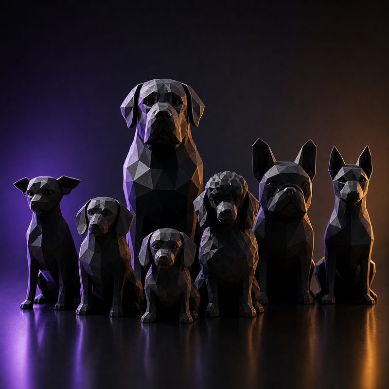 Colección de siete perros low poly impresos en 3D