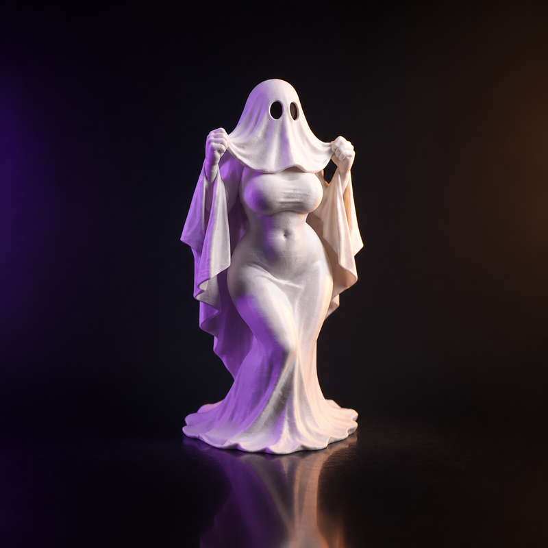 Escultura de dama fantasma con vestido fluido impresa en 3D