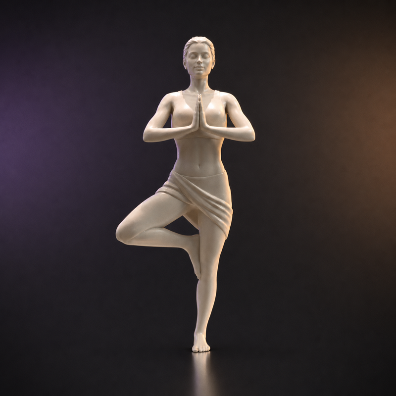 Estatua femenina en postura de yoga árbol impresa en 3D