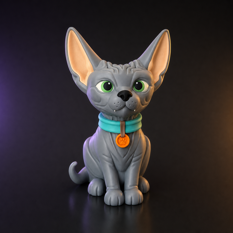 Gato esfinge gris con collar turquesa impreso en 3D