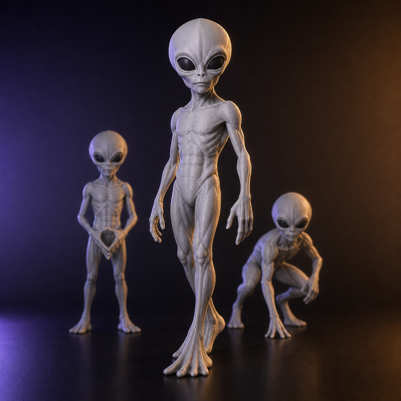 Set de tres figuras alienígenas grises impresas en 3D