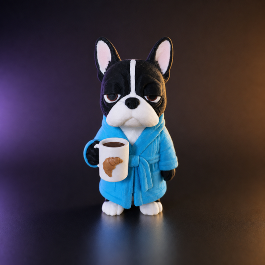 Bulldog francés somnoliento con bata y taza impreso en 3D