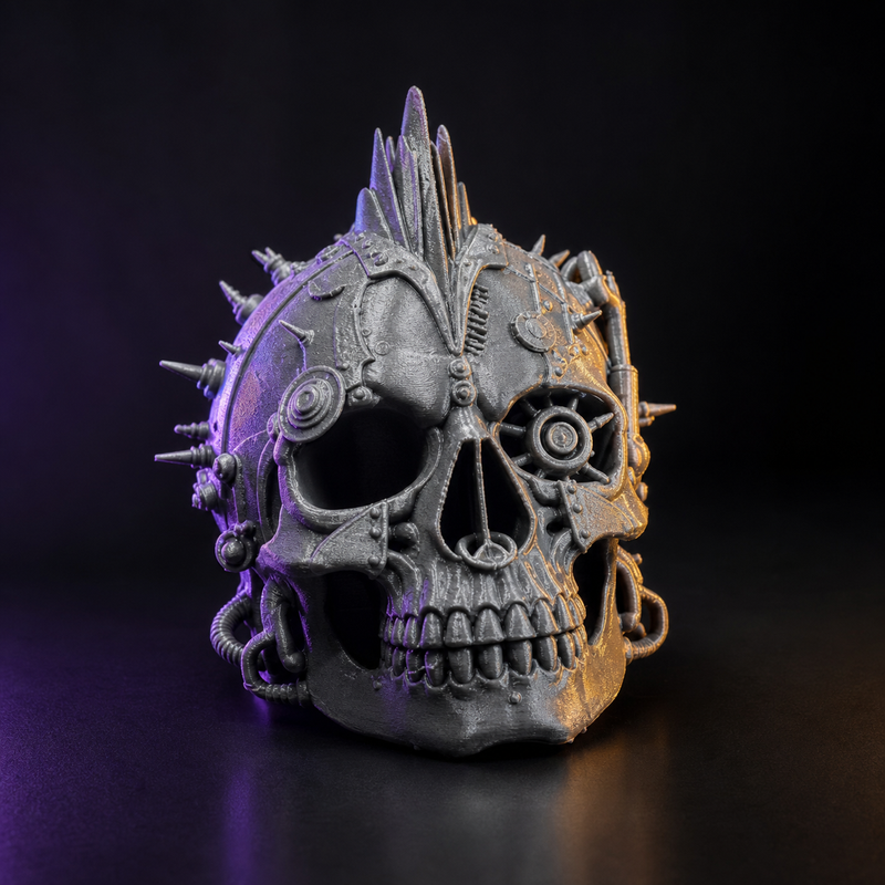 Calavera steampunk con engranajes y detalles mecánicos impresa en 3D