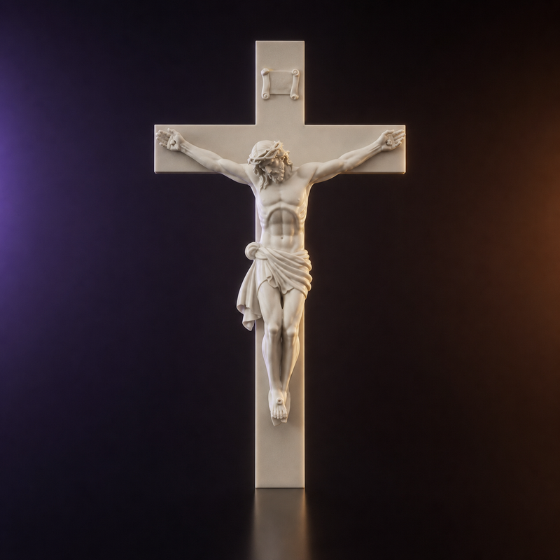 Cristo crucificado sobre cruz marfil impreso en 3D