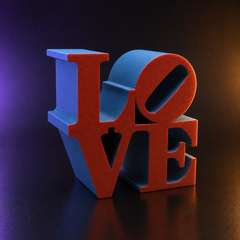Escultura tipográfica LOVE roja y azul impresa en 3D