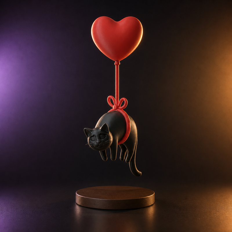 Gato negro flotante con globo de corazón rojo impreso en 3D