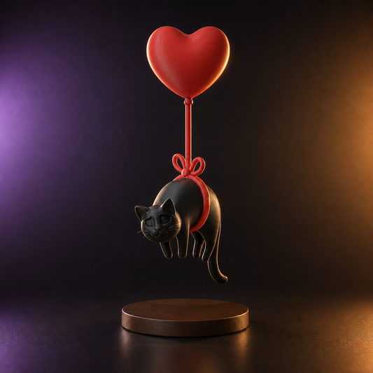 Gato negro flotante con globo de corazón rojo impreso en 3D