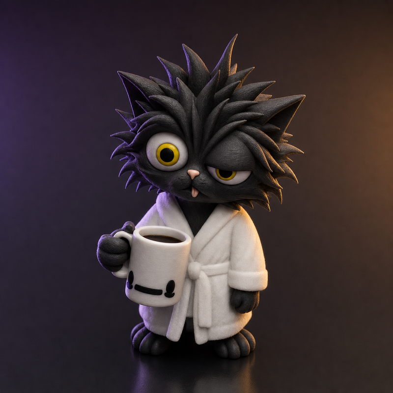 Gato despeinado con bata y taza de café impreso en 3D