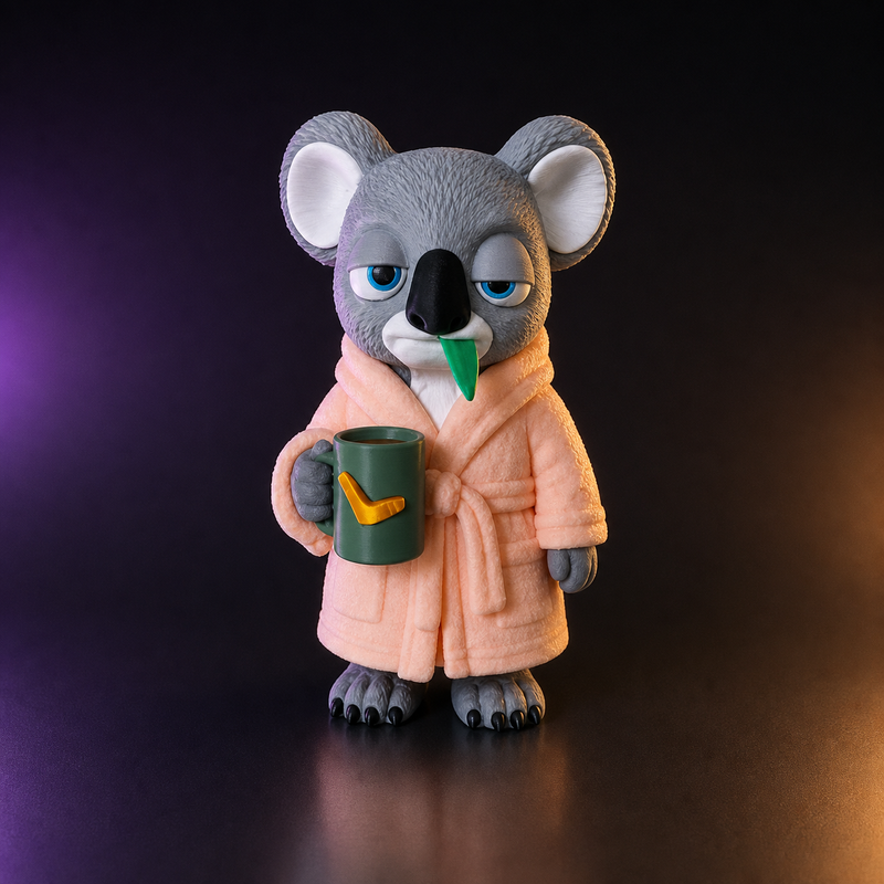 Koala somnoliento con bata taza y cepillo impreso en 3D