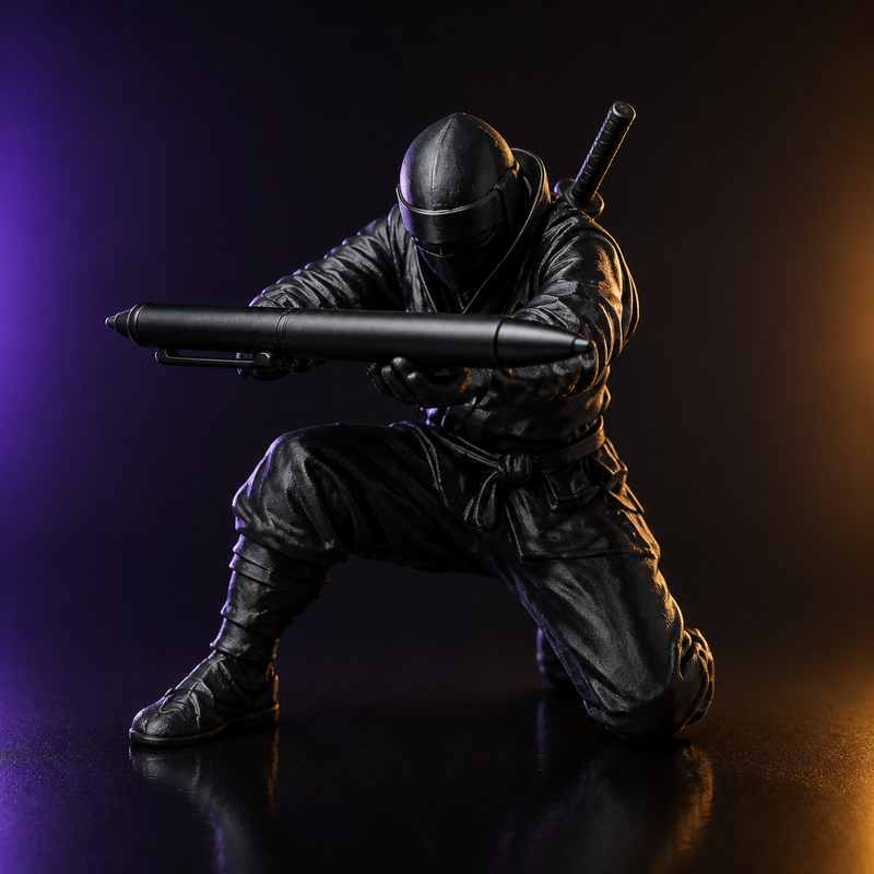 Ninja arrodillado sujetando un bolígrafo impreso en 3D