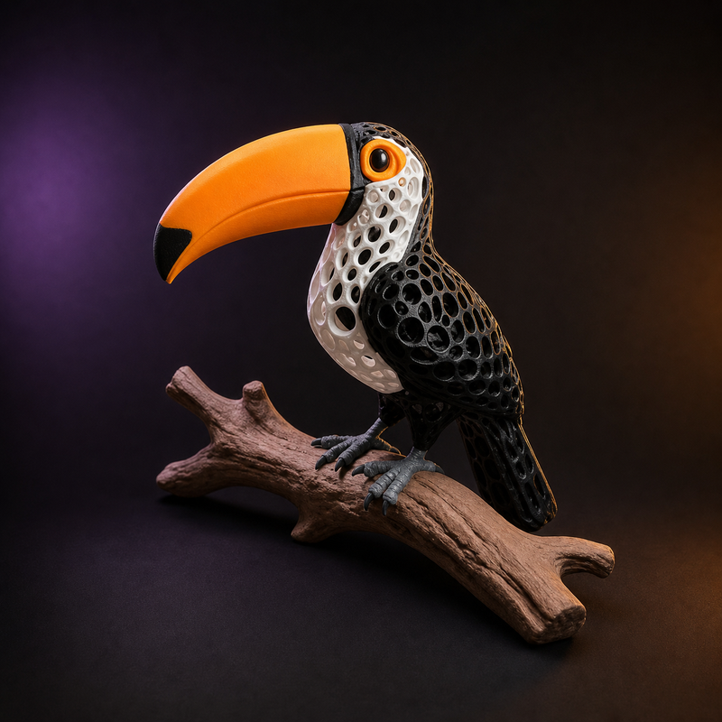 Tucán Voronoi negro blanco y naranja impreso en 3D