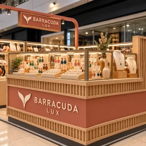 Propuesta conceptual de señalización y exhibidores Barracuda Lux para una isla comercial