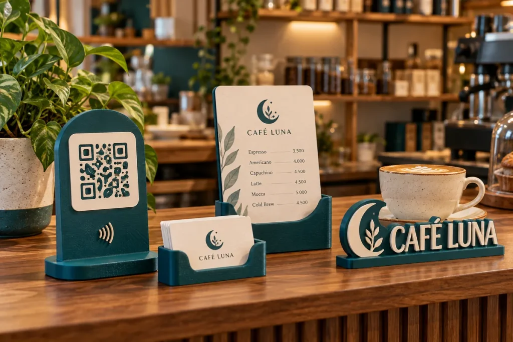 Ejemplo conceptual de un kit coordinado de mostrador con logo, soporte QR y portamenú