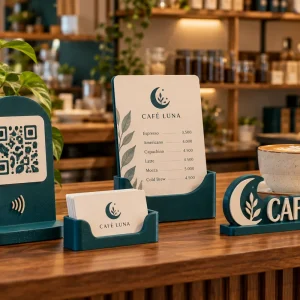 Ejemplo conceptual de un kit coordinado de mostrador con logo, soporte QR y portamenú