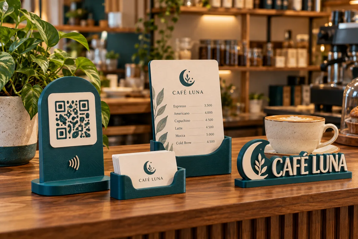 Ejemplo conceptual de un kit coordinado de mostrador con logo, soporte QR y portamenú