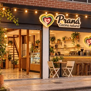 Propuesta conceptual de aviso Prana en una fachada comercial de escala local