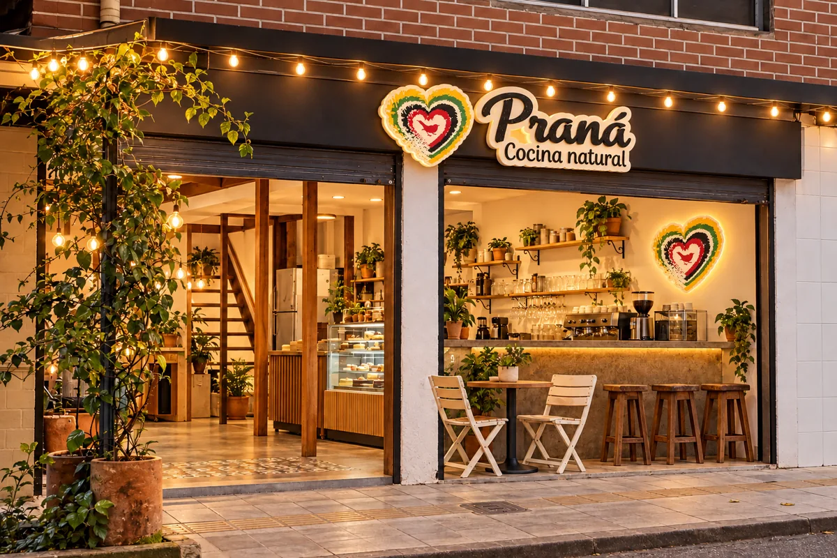 Propuesta conceptual de aviso Prana en una fachada comercial de escala local