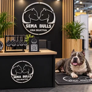 Propuesta conceptual Sema Bulls con aviso en relieve y accesorios de marca en una exposición canina