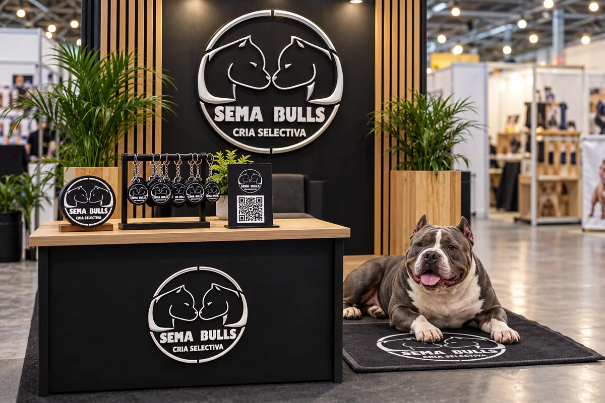 Propuesta conceptual Sema Bulls con aviso en relieve y accesorios de marca en una exposición canina